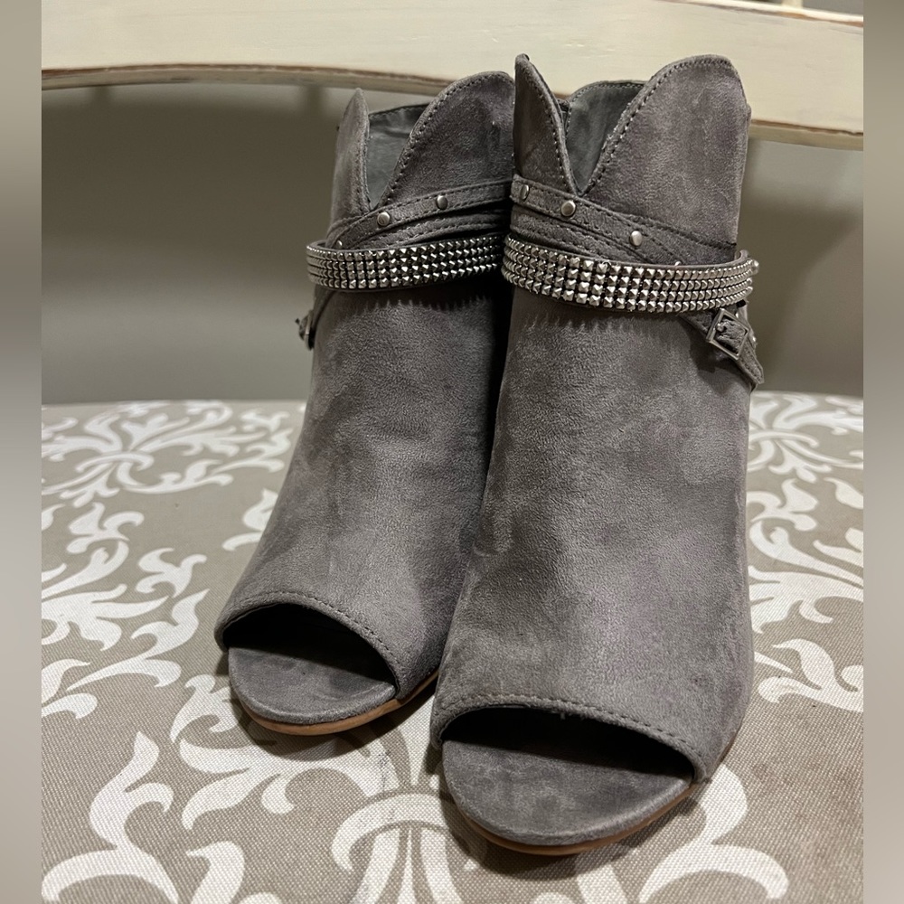 COPY - Grey Suede studded open toe booties - size 7